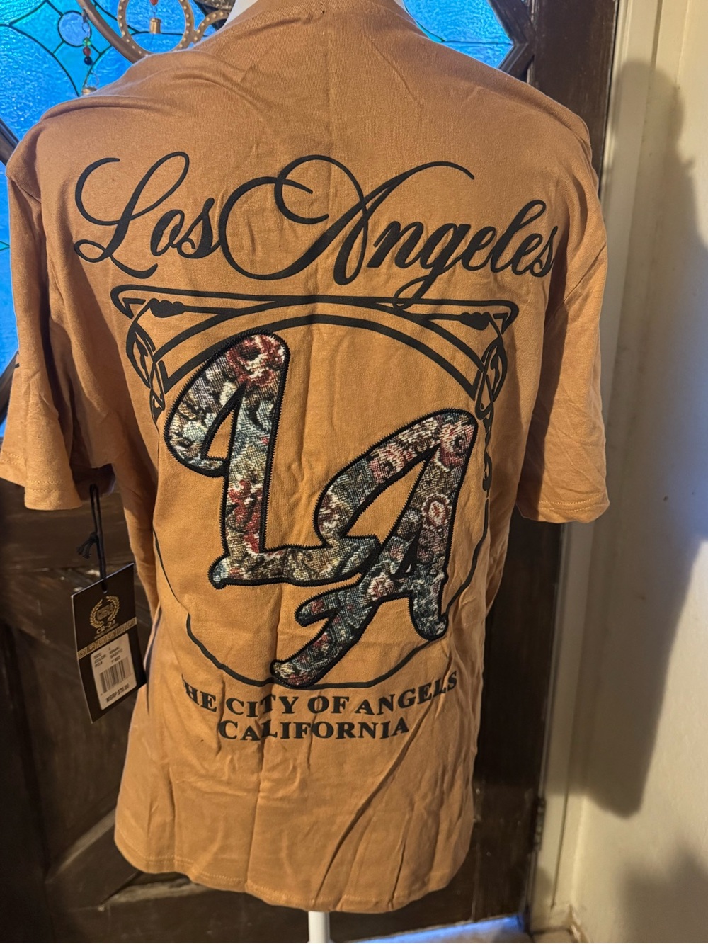 Los Angeles Floral Applique Short Sleeve Tee - Tan